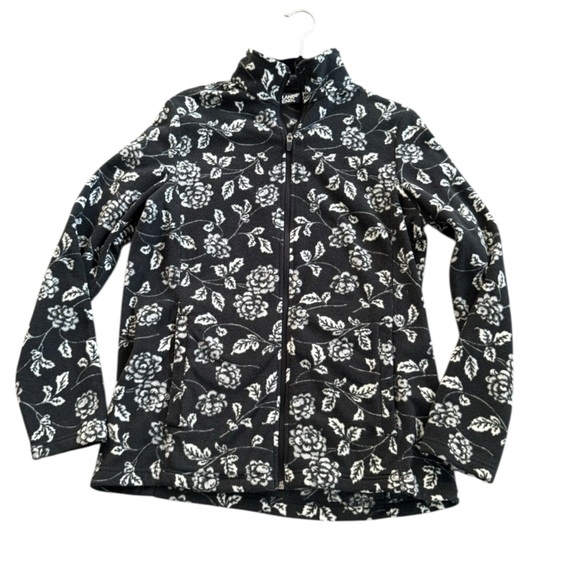 Lands' End Women's Floral Full Zip Fleece Jacket Size Medium Black White Layer - Picture 14 of 15